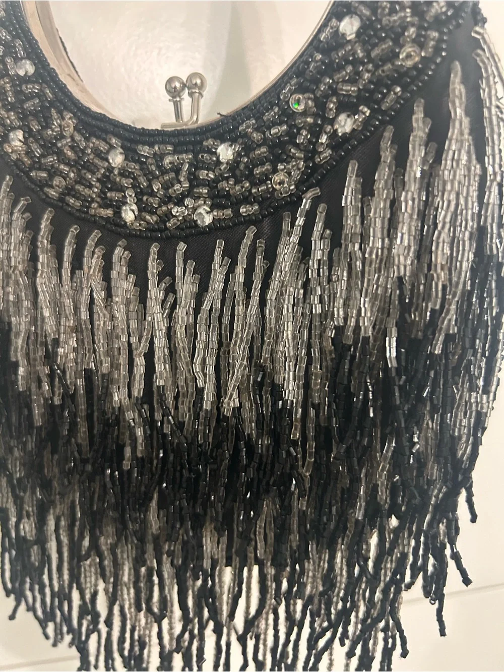 Vintage Style Beaded Fringe Evening Handbag - Black and Silver